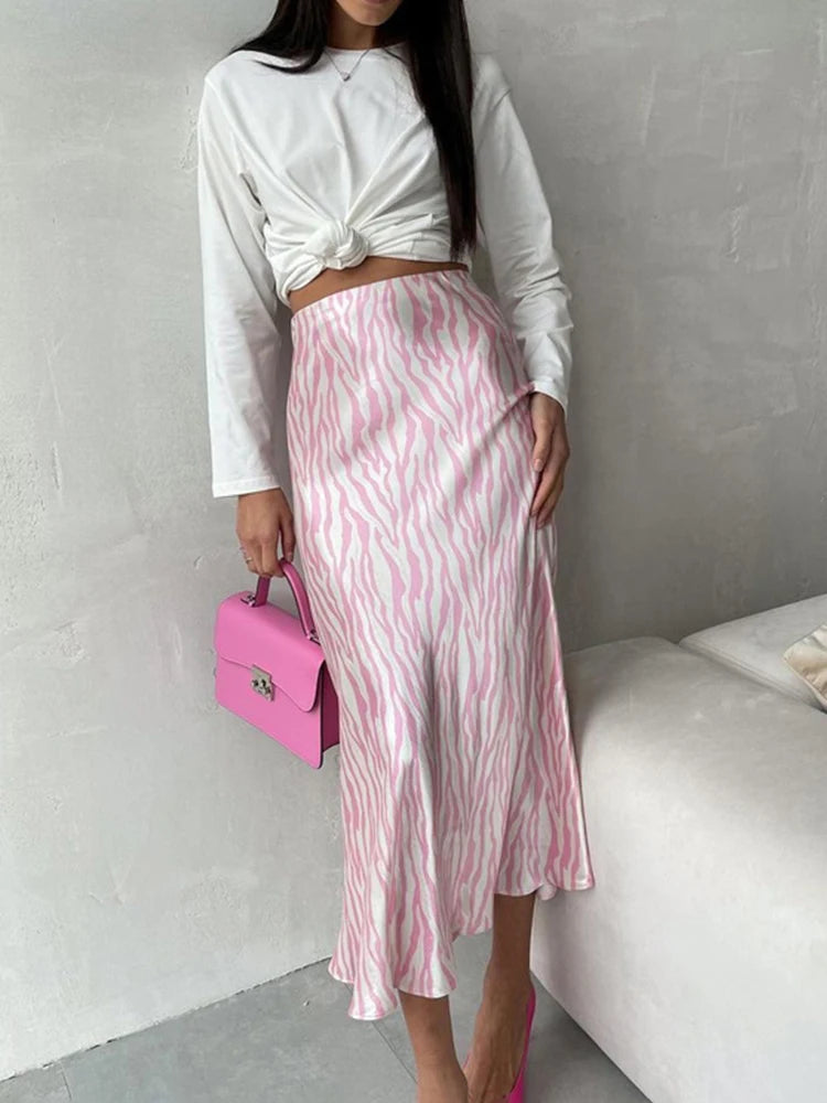 Women Elegant Midi Satin Skirts Printed