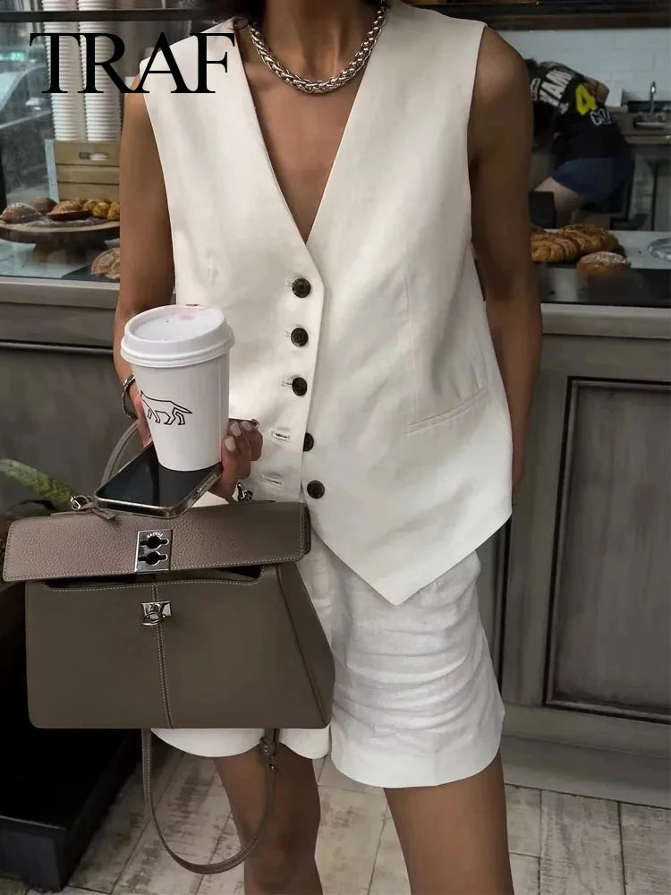 TRAF Women Elegant Solid Waistcoat Shorts Set