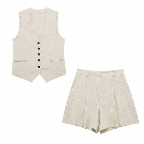 TRAF Women Elegant Solid Waistcoat Shorts Set