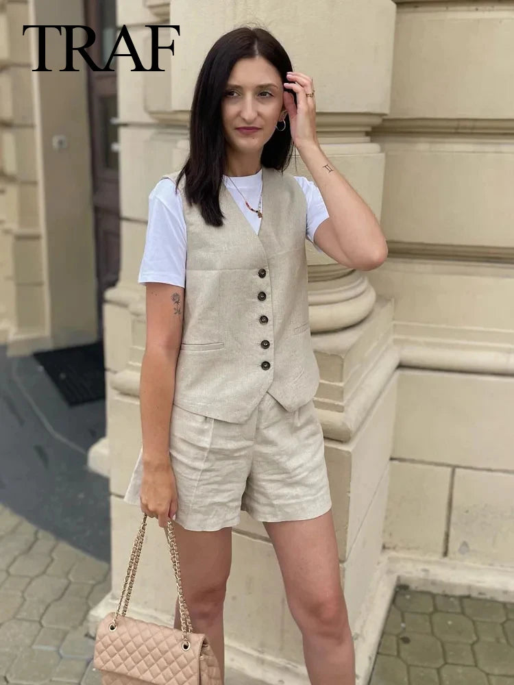 TRAF Women Elegant Solid Waistcoat Shorts Set