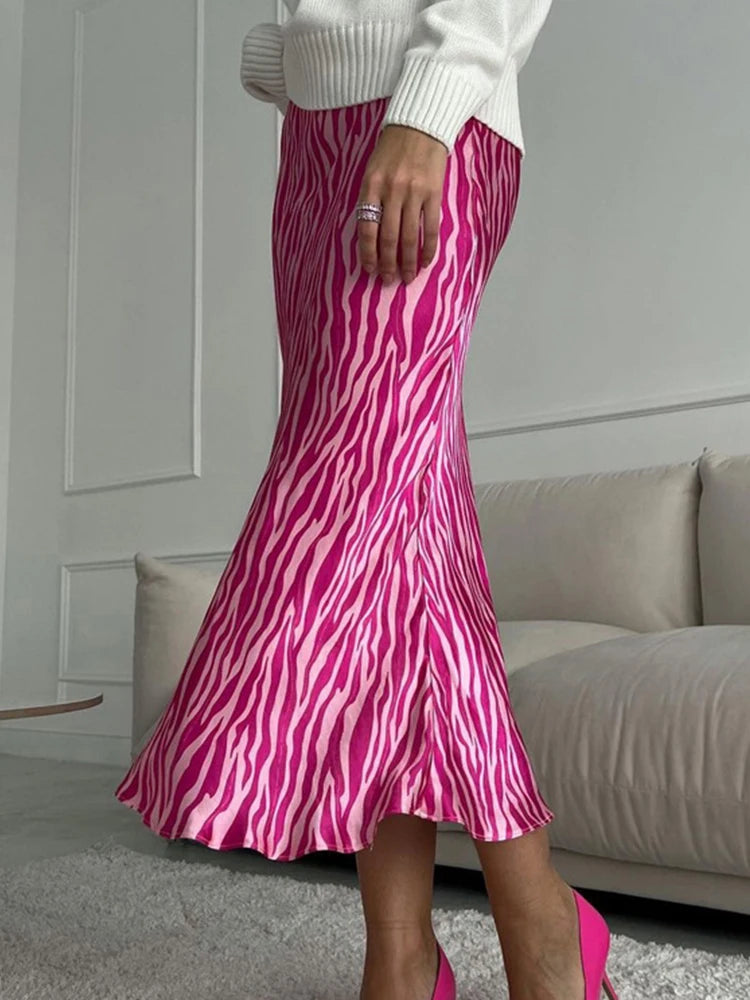 Women Elegant Midi Satin Skirts Printed