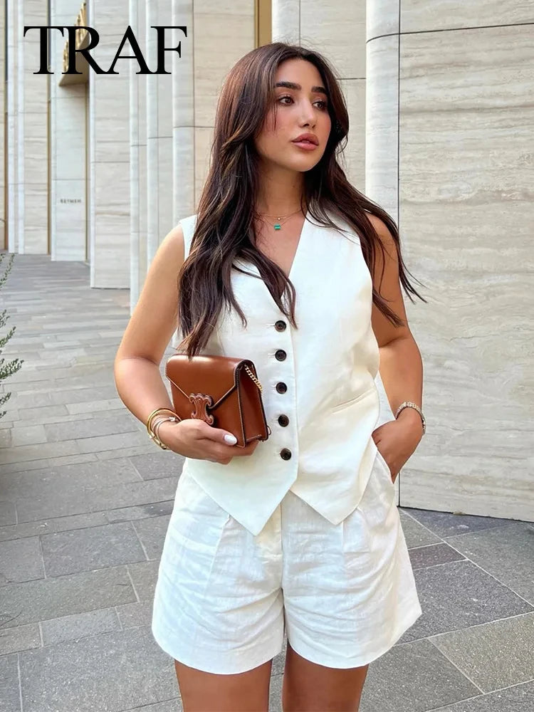 TRAF Women Elegant Solid Waistcoat Shorts Set