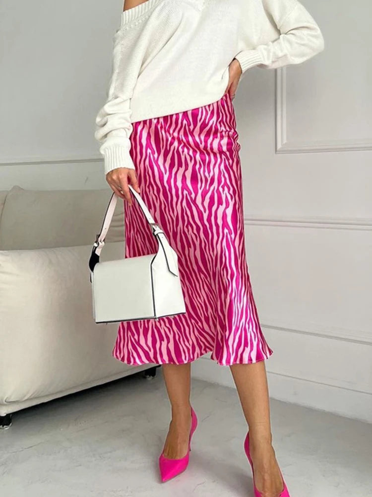 Women Elegant Midi Satin Skirts Printed