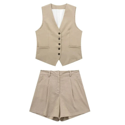 TRAF Women Elegant Solid Waistcoat Shorts Set