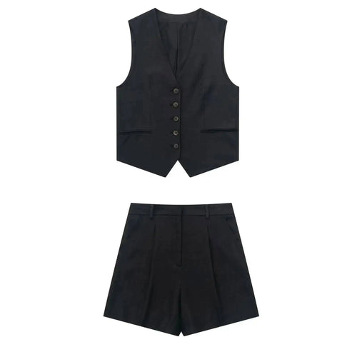 TRAF Women Elegant Solid Waistcoat Shorts Set