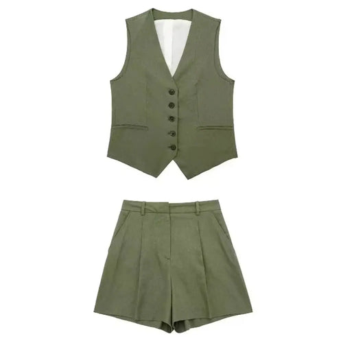 TRAF Women Elegant Solid Waistcoat Shorts Set