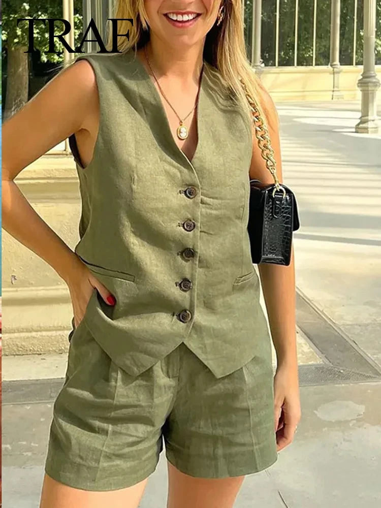 TRAF Women Elegant Solid Waistcoat Shorts Set