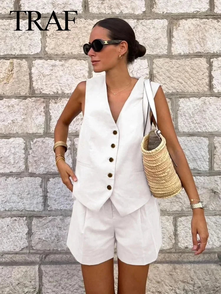 TRAF Women Elegant Solid Waistcoat Shorts Set