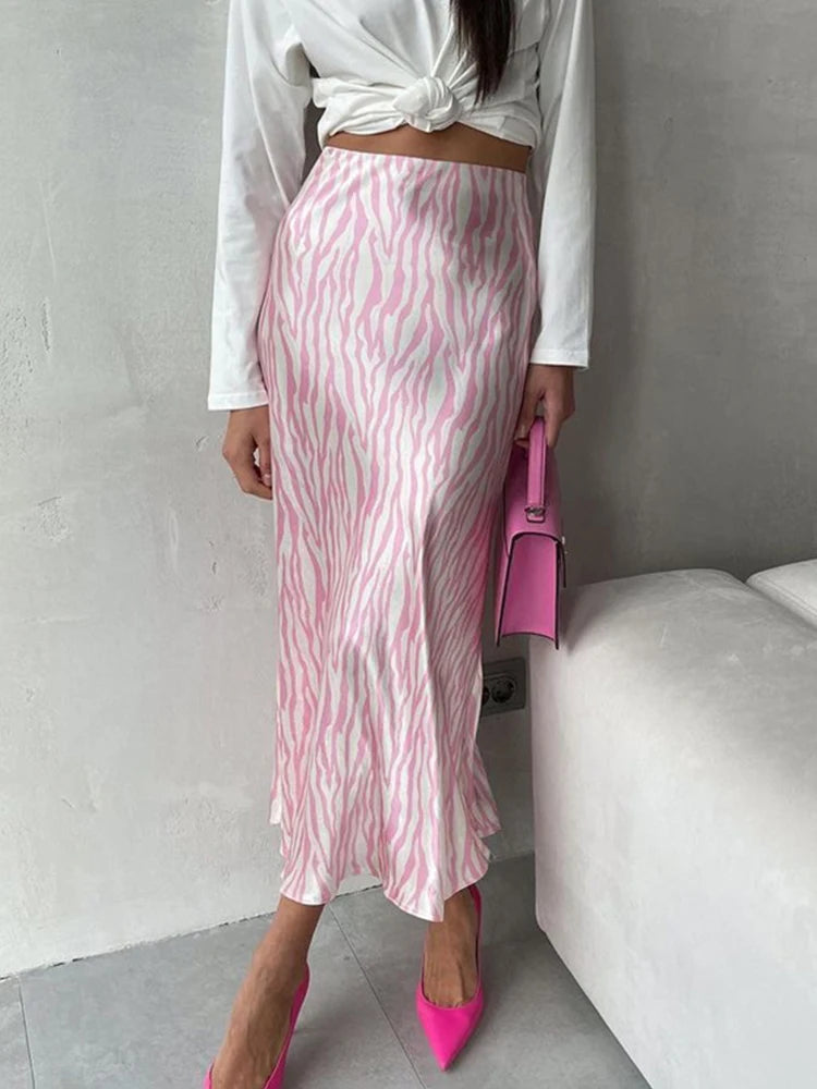 Women Elegant Midi Satin Skirts Printed