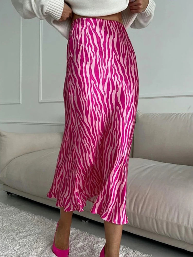 Women Elegant Midi Satin Skirts Printed