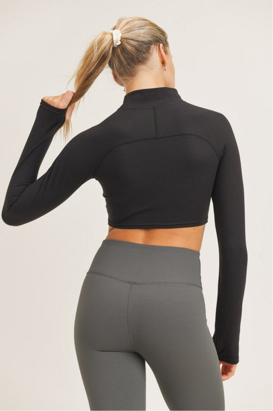 High-Neck Cropped Active Top with Long Sleeves & Thumbholes