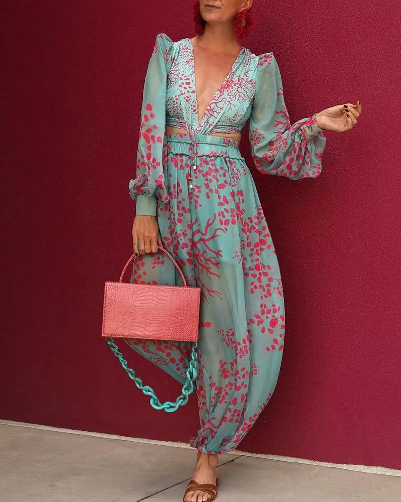 V-Neck Jumpsuit Summer Long Sleeve Loose  Playsuit Overalls