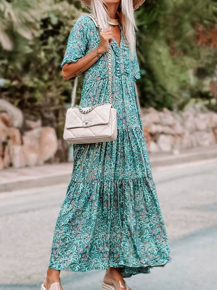 V Neck Printed Half Sleeve Long Dress