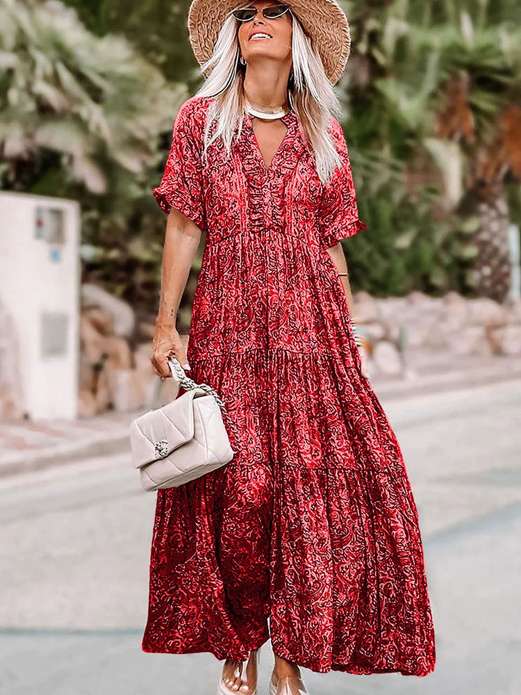 V Neck Printed Half Sleeve Long Dress