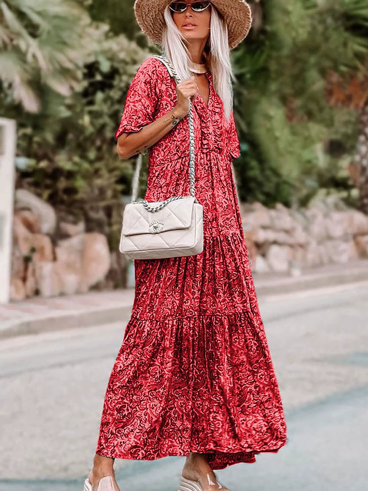 V Neck Printed Half Sleeve Long Dress