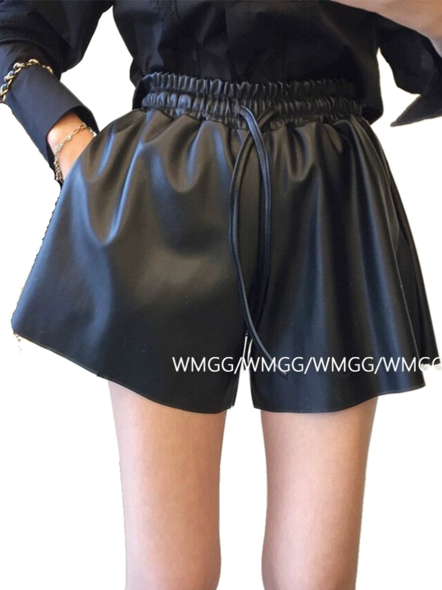 Matte Elastic Waist Niche Design Color Matching Leather Pants