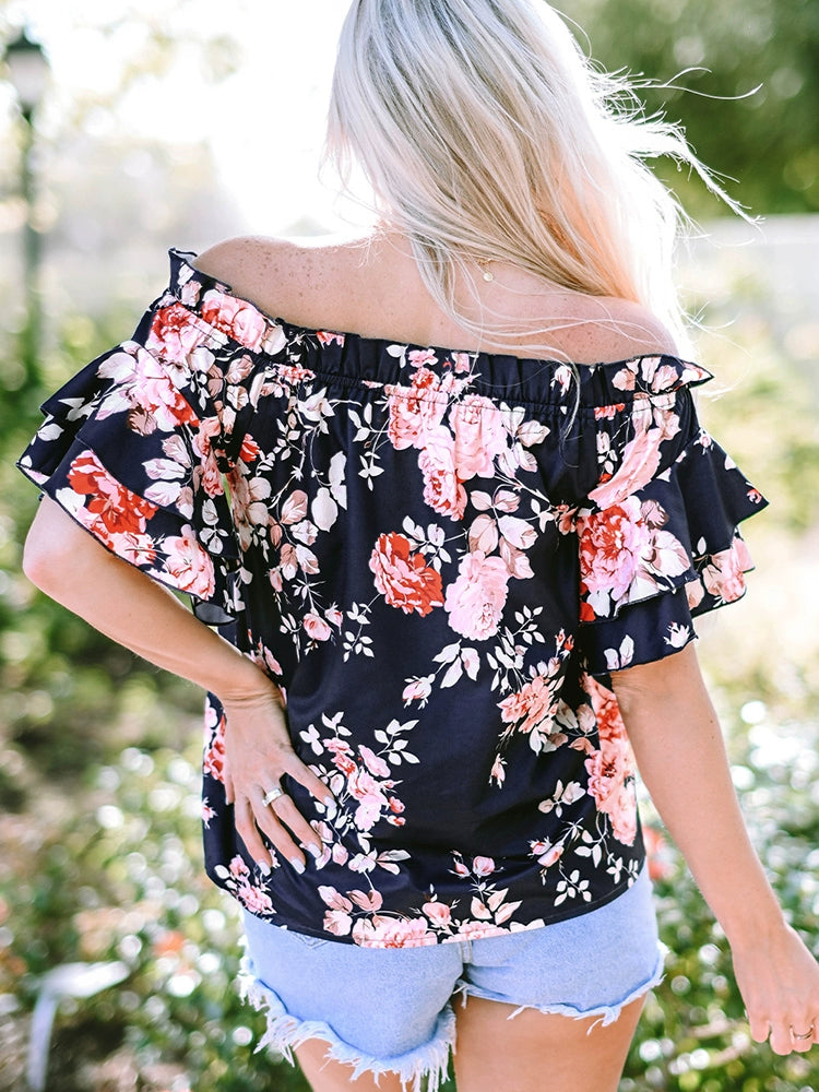 Fashion off-Shoulder Casual Short Sleeve Shirt Florals Print