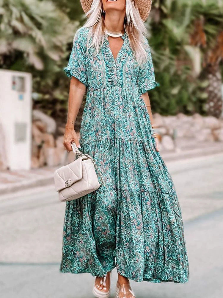 V Neck Printed Half Sleeve Long Dress