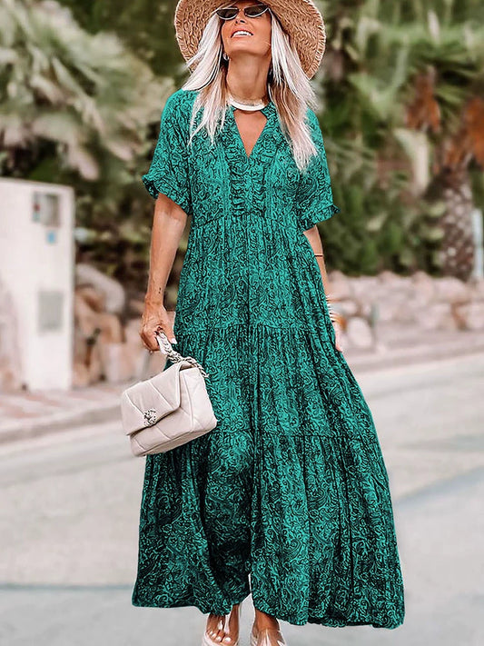 V Neck Printed Half Sleeve Long Dress
