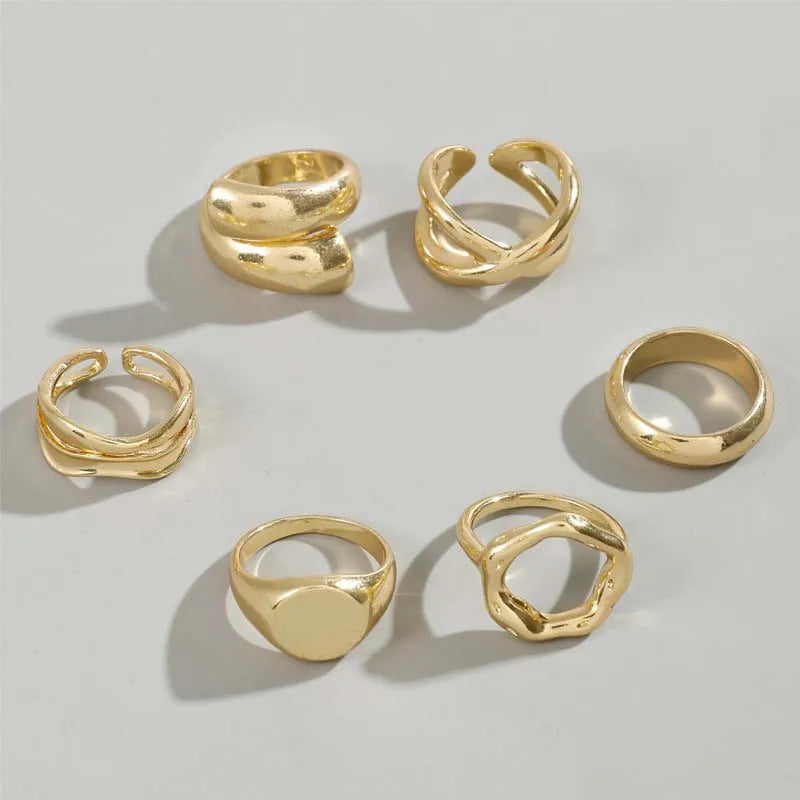 6Pcs/Set Gold Color Smooth Geometric Open Rings Set