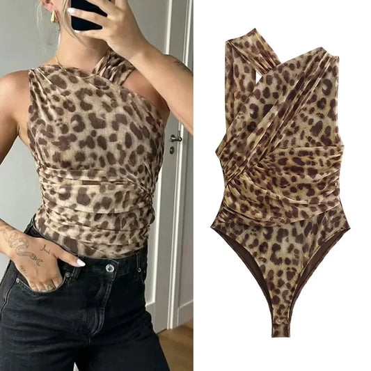Body Leopard Print Mesh Sleeveless Bodysuit