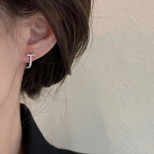 Sterling Silver Needle Zircon Bend T Letter Hoop Earrings