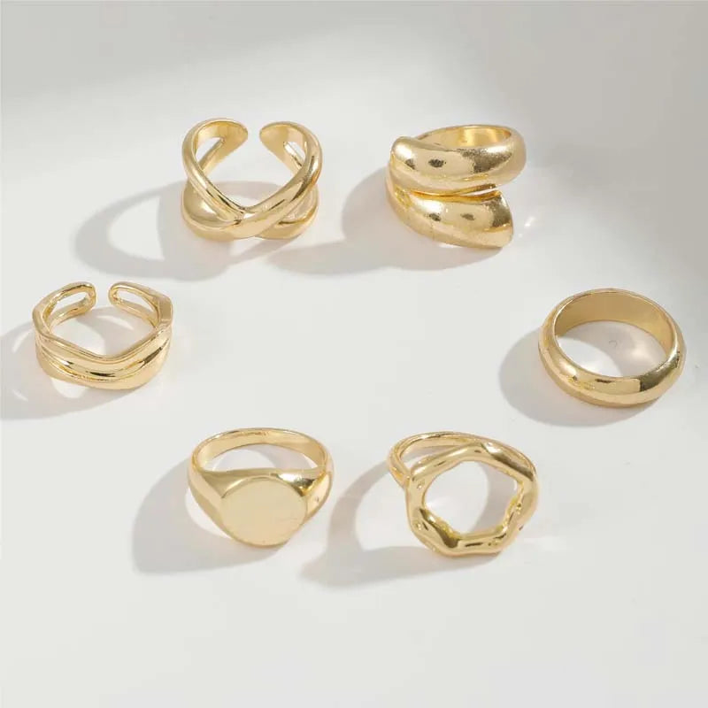 6Pcs/Set Gold Color Smooth Geometric Open Rings Set