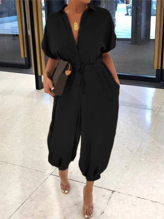 V-Neck Button Lace-Up Jumpsuit