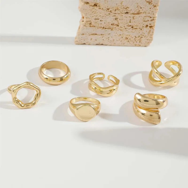 6Pcs/Set Gold Color Smooth Geometric Open Rings Set