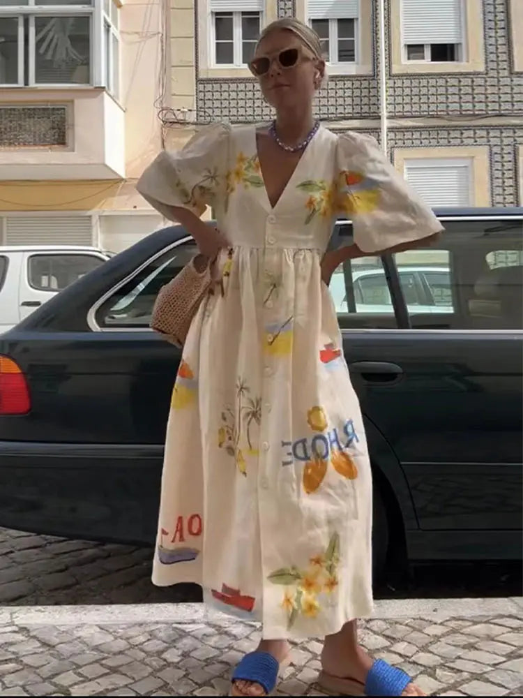 Fashion Print Cotton Linen Maxi Dress