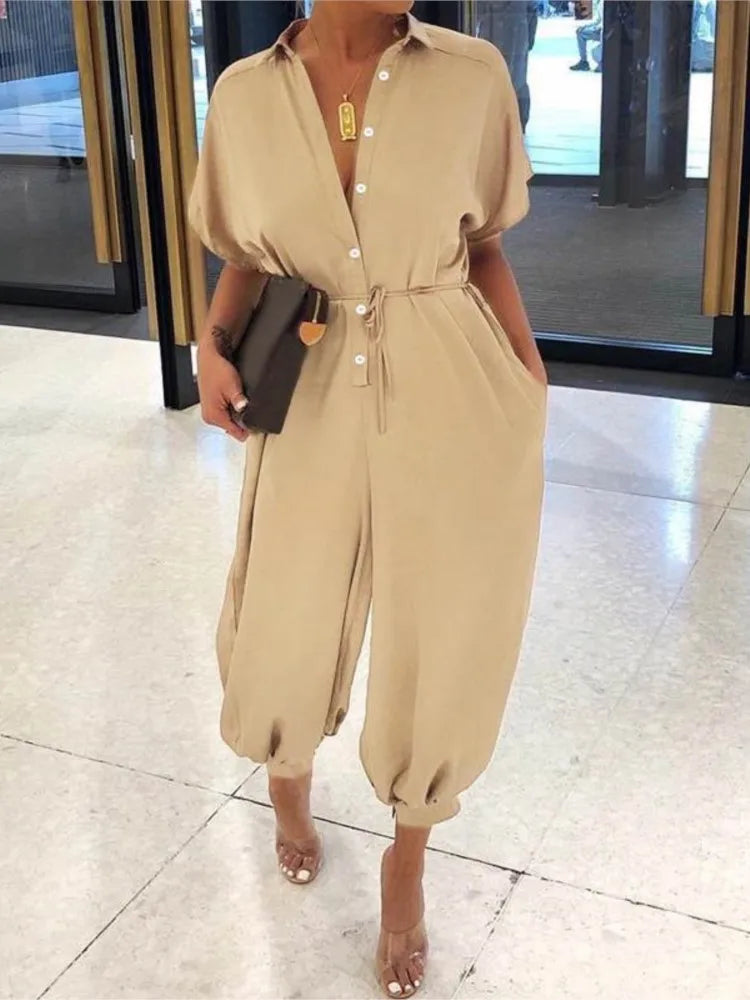 V-Neck Button Lace-Up Jumpsuit