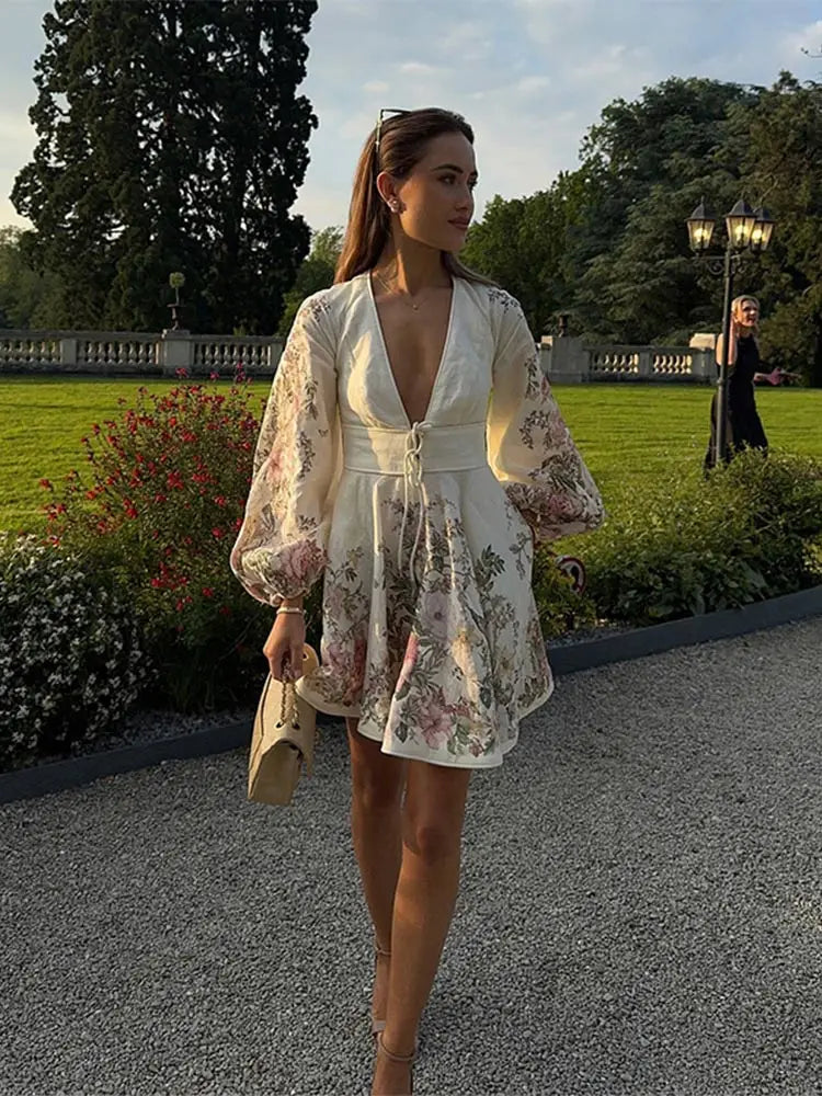 Vintage V Neck Flower Printed Lace Up Dress