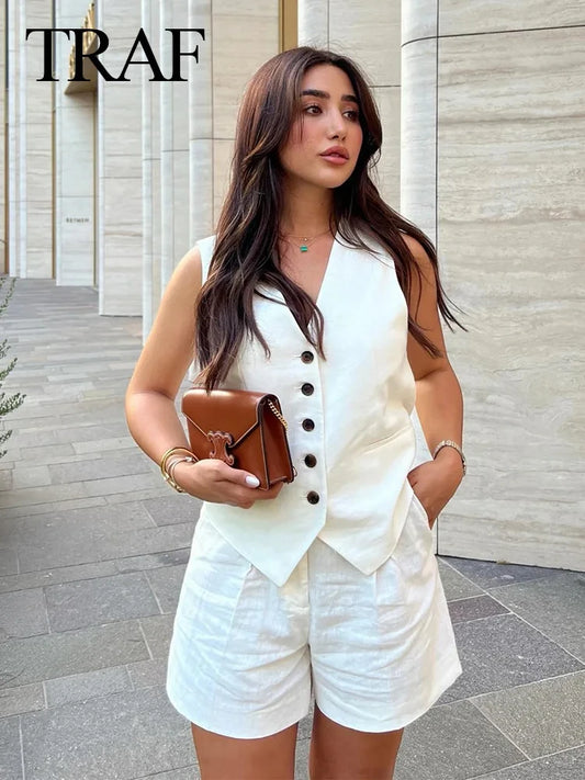 TRAF Women Elegant Solid Waistcoat Shorts Set