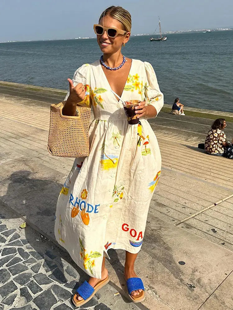 Fashion Print Cotton Linen Maxi Dress