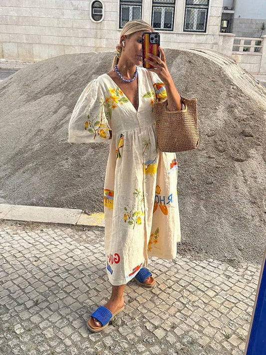 Fashion Print Cotton Linen Maxi Dress