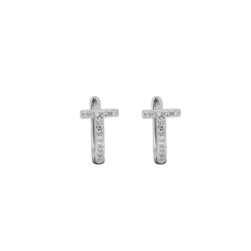 Sterling Silver Needle Zircon Bend T Letter Hoop Earrings
