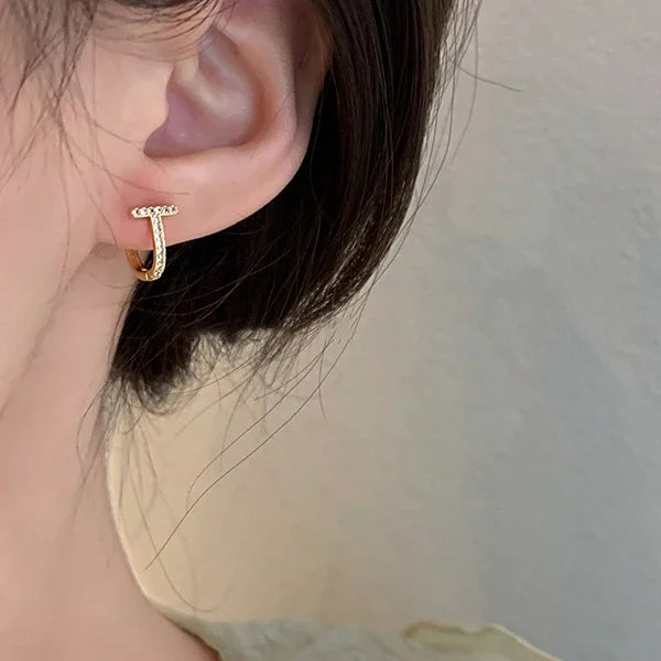 Sterling Silver Needle Zircon Bend T Letter Hoop Earrings