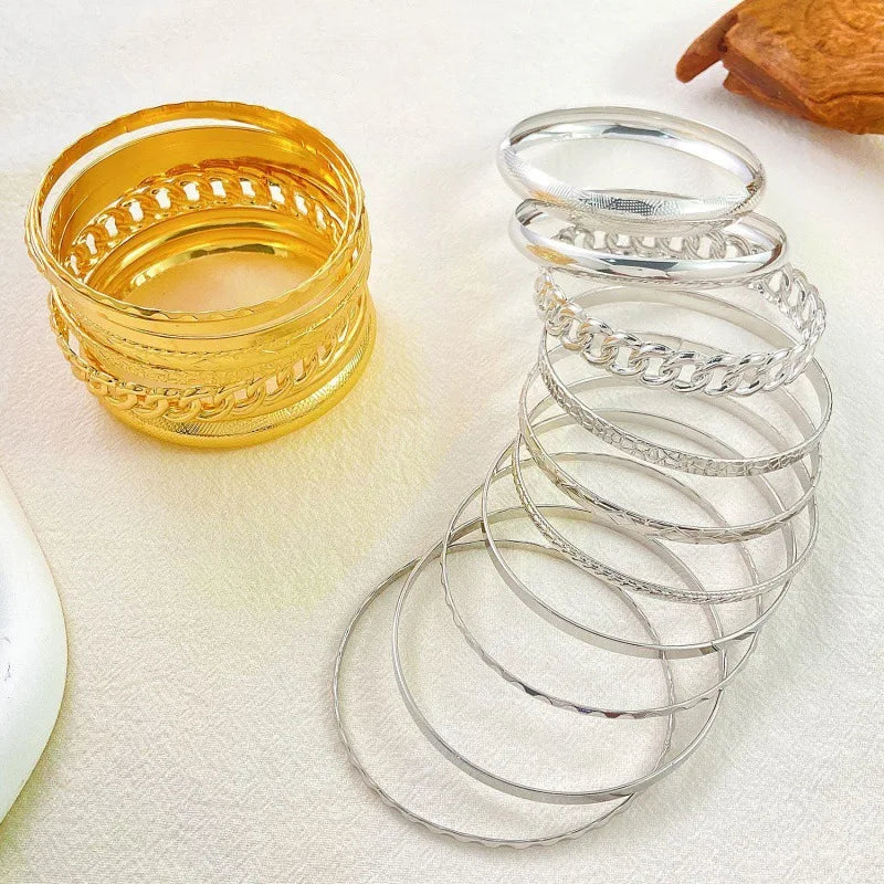 Ten Piece Set Of Stylish Bohemian Folk Retro Wide-Face Gold And Silver