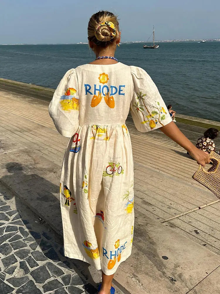 Fashion Print Cotton Linen Maxi Dress
