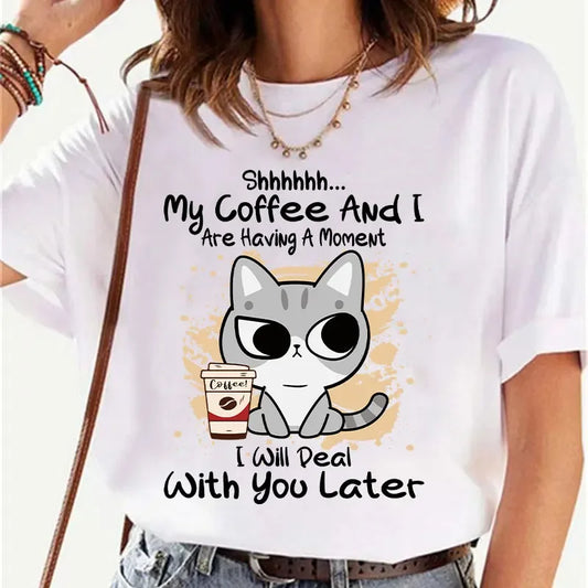 Funny Cat Shhhhh....My Coffee and I Are Having A Moment Print T-Shirts Summer Tee Shirts Femme for Women Clothes Ladies Top Tees