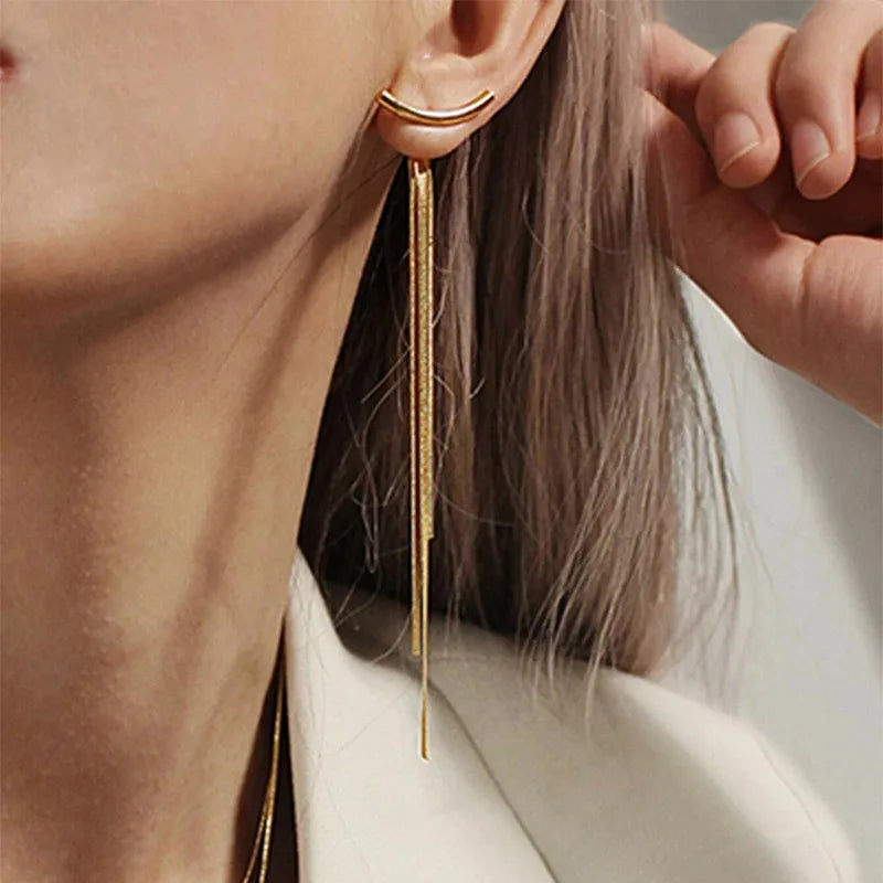 New Fashion Women Personality Gold Exaggerated Long Tassel Snake Bone Chain Stud Earring for Party Birthday Gift Jewelry