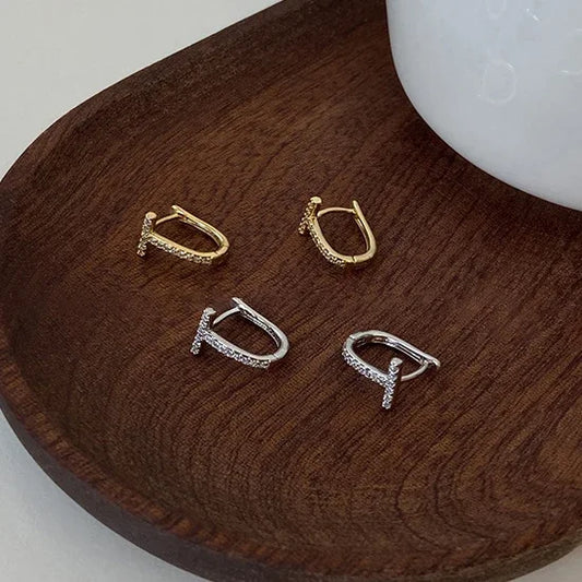 Sterling Silver Needle Zircon Bend T Letter Hoop Earrings