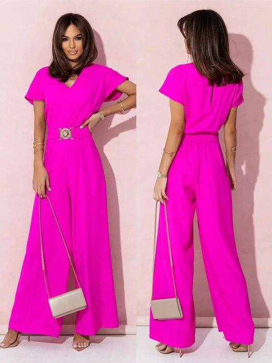 Solid V Neck Short Sleeve Jumpsuit
