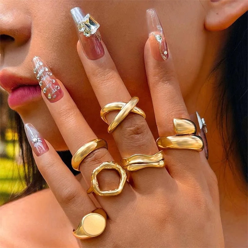 6Pcs/Set Gold Color Smooth Geometric Open Rings Set