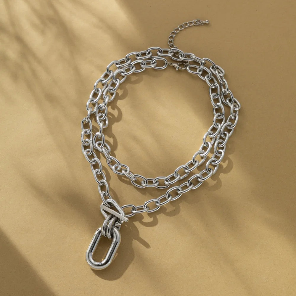 Metal Thick Chains Big Elliptical Pendant Necklace