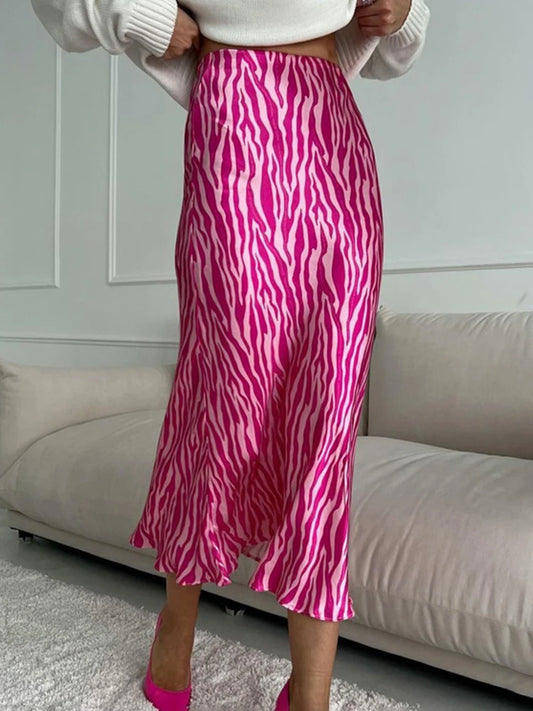 Women Elegant Midi Satin Skirts Printed
