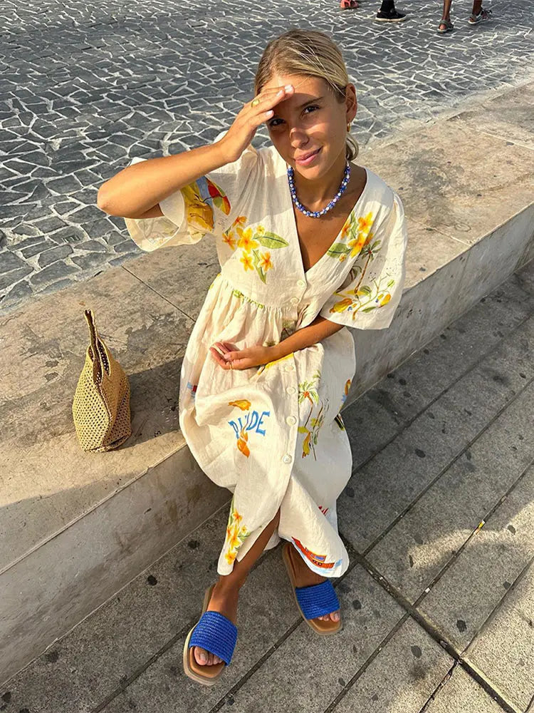Fashion Print Cotton Linen Maxi Dress
